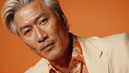 A mature man with silver hair and a confident expression poses in a stylish orange patterned shirt. The warm orange backdrop highlights his sophisticated look, showcasing his elegance.の素材