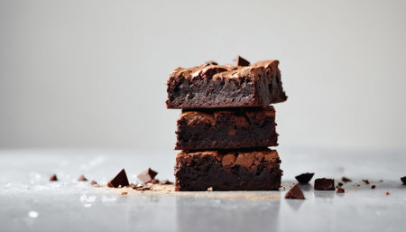 A stack of rich chocolate brownies sits attractively on a clean countertop, surrounded by scattered chocolate pieces, tempting anyone who passes by.の素材