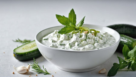 A bowl of creamy cucumber yogurt dip is also presented, topped with fresh herbs and surrounded by cucumber slices and garlic. This dish is perfect for summer gatherings.の素材
