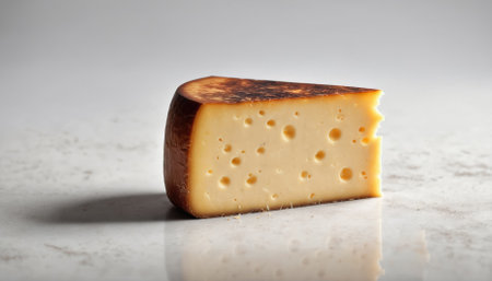 A wedge of yellow cheese shows its distinct holes and rich color on a smooth marble countertop. Soft lighting highlights its creamy texture, perfect for culinary use or snacking.の素材