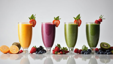 A vibrant display of four tall glasses filled with different smoothie flavors.の素材