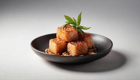 Tender salmon cubes arranged in a black bowl, sprinkled with sesame seeds, and adorned with fresh herbs, showcasing an elegant culinary presentation.の素材