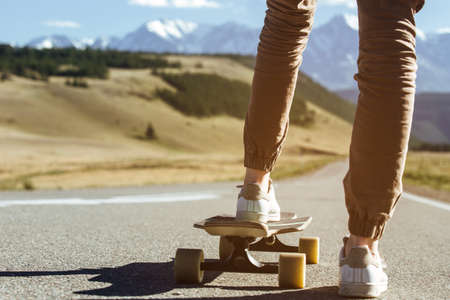 Longboard in mountain. Skateboard in mountain.の写真素材