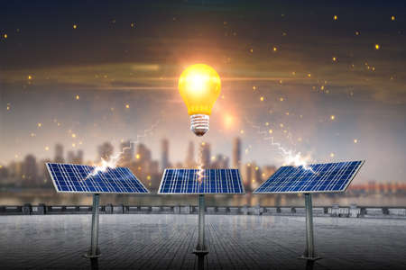 photovoltaic solar panel on sunset sky 3d illustration