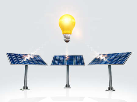 photovoltaic solar panel on sunset sky 3d illustrationの写真素材