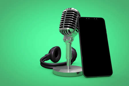Professional microphone with colored background, podcast or recording studio background, 3d illustrationの写真素材