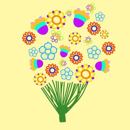 Greeting card. Bouquet of flowers. bright flowers. Gift for the holiday. Drawing for the holiday. Congratulations to the family. Birthday card. Flowers painted. Illustration for children's books. A tale for the little ones. Ornament for the album.の写真素材