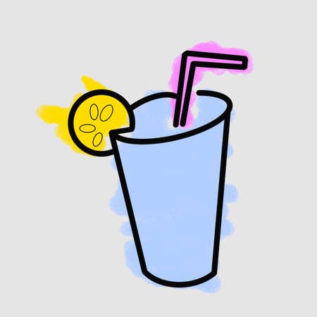 glass with cocktail drink with lemon and straw. fun party liquidの写真素材