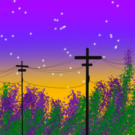 antenna poles wires electrical nature sunset lavender fieldsのイラスト素材