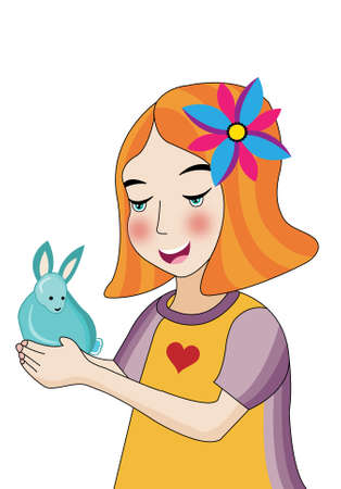 Illustration of a little girl with a little rabbitの写真素材