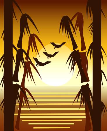 Bamboo sunset with cranesのイラスト素材