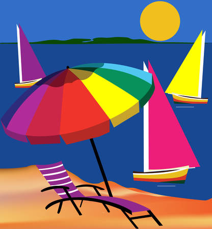 Beach scene with yacht umbrella and sunのイラスト素材