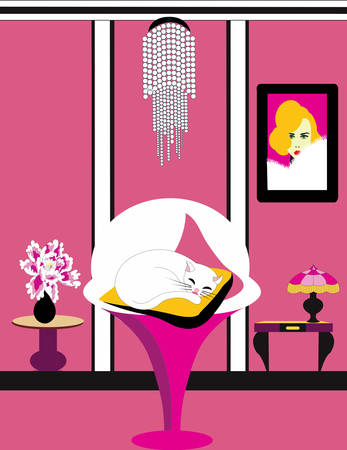 illustration of a white cat sleeping on a chair in a pink roomのイラスト素材