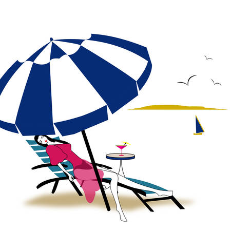 illustration of a girl relaxing under the umbrella on the beach with boat in the background, sialing awayのイラスト素材