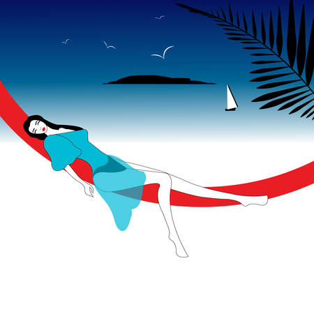 illustration of a girl on the beach with boat sailing away in the backgroundのイラスト素材