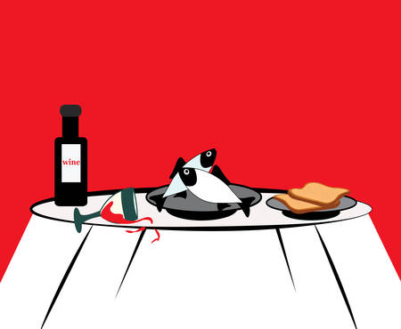 illustration of a simple meal with bread , wine and fishのイラスト素材