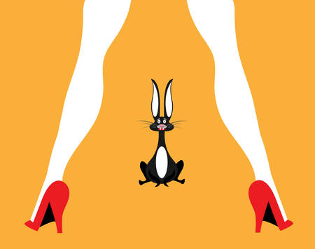 illustration of a rabbit scared by a woman with red shoesのイラスト素材