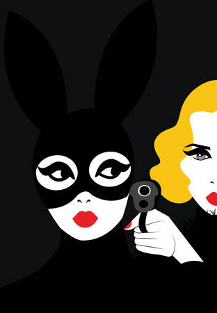 illustration of a blonde woman pointing a gun toward a brunette woman wearing a maskのイラスト素材