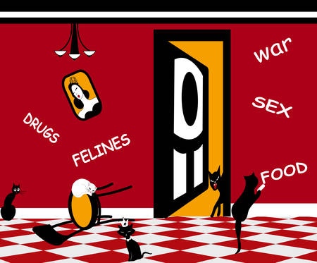 illustration of several cats playing inside while the owner of the house is awayのイラスト素材