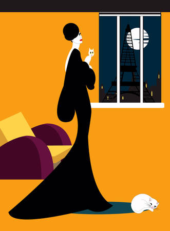 illustration of an elegant woman in black dress holding her cat in her Parisian apartmentのイラスト素材