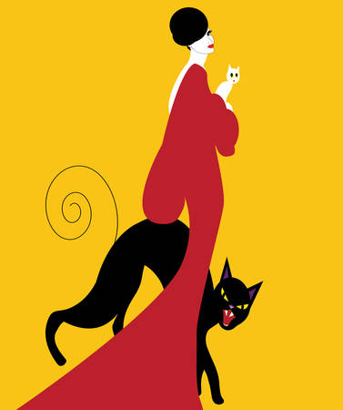 illustrtaion of an elegant woamn with black angry catのイラスト素材