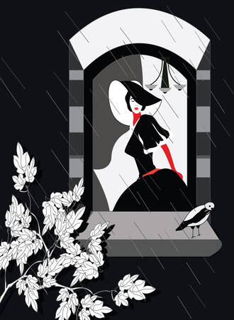 elegant woman looking outside her window at a poor bird in the rainのイラスト素材