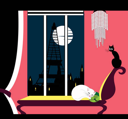white cat in a pink room with eiffel tower in the backgroundのイラスト素材