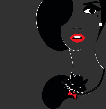 stylish woman with black catのイラスト素材