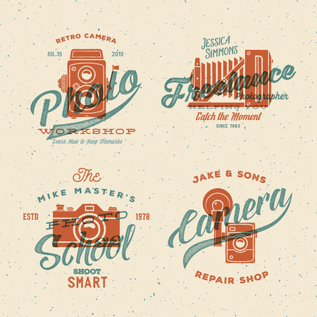 Camera Photography Vector Labels or Logos with Vintage Typography and Retro Print Effect. Textured Background.のイラスト素材