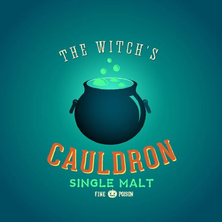 The Boiling and Glowing Witch Cauldron Vector Halloween Party Card or a Label with Retro Typography.のイラスト素材
