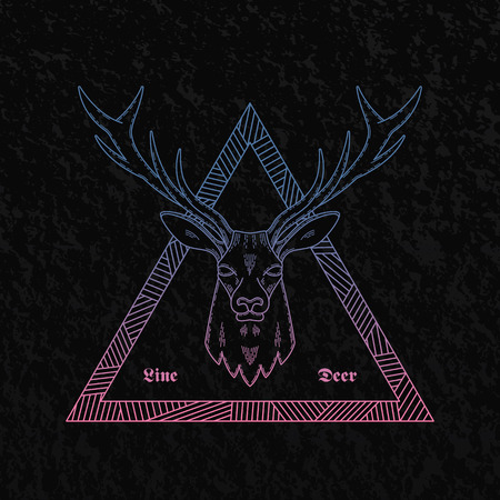Line Style Abstract Vector Deer Head Illustration Bordered in a Triangle with Tribal Pattern. Good for Logos, Posters, T-shirts, etc. On Black Background with Retro Texture.のイラスト素材