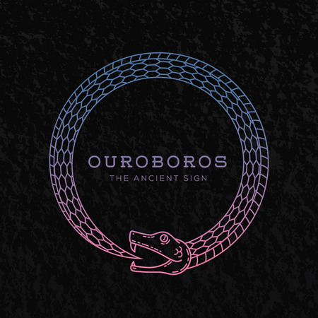 Abstract Vector Ouroboros Snake Symbol, Sign or a Logo Template in Line Style. On Black Background with Retro Texture.のイラスト素材