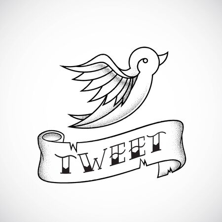 Retro Tattoo Dot Work Style Abstract Vector Bird Icon with Tweet Banner. Back and White, Isolated.のイラスト素材
