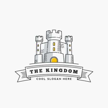 Abstract Vector Kingdom Label, Sign   Template. Fortress Symbol. Castle Icon. Tower Illustration with Flags and Typography in Line Style. Isolated.のイラスト素材