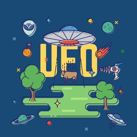 UFO Abducts Cow Abstract Vector Flat Style Illustration With Alien Elements, Planets, Space, etc. On Dark Blue Background.のイラスト素材