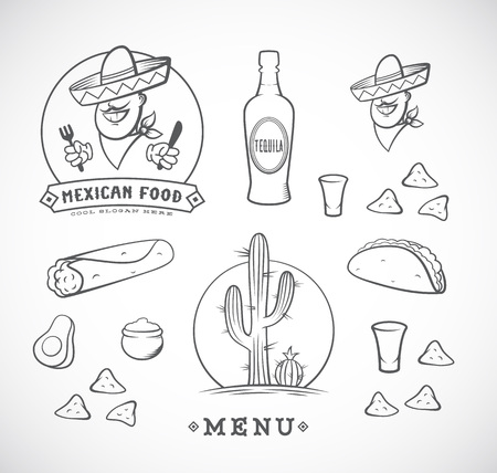 Mexican Food Illustrations Set with Template for Restaurant Menu, Cafe, Meal Delivery. Smiling Man in Traditional Sombrero, Tacos, Burritos, Tequila, etc. Isolated.のイラスト素材