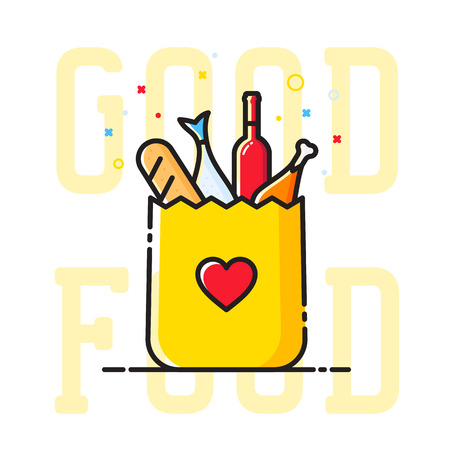 Good Food Paper Bag with Heart Symbol, Bread, Wine, Fish, etc. Abstract Illustration. Shopping or Delivery Sign. Catering Icon. Isolated.のイラスト素材