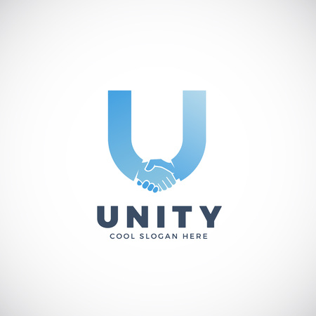 Unity Abstract Vector Sign, Symbol or Logo Template. Hand Shake Incorporated in Letter U Concept....