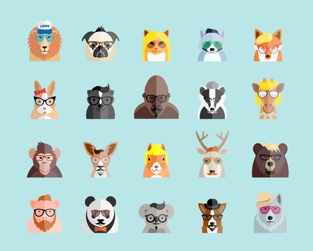 Flat Style Hipster Animals Avatar Vector Portraits or Icon Set for Social Media, Web Sites, etc. On Light Blue Background.のイラスト素材