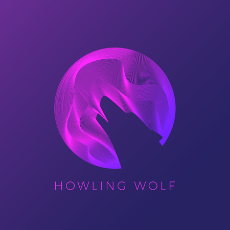 Wolf Silhouette Howling on The Moon. Abstract Modern Logo Template, Vector Sign or Line Illustration. On Dark Backgroundのイラスト素材