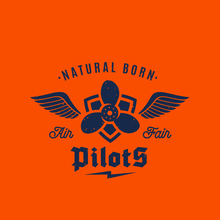 Natural Born Pilots Airplane Vector Retro Label, Sign or Logo Template. Airscrew on the Shield with Wings and Typography. On Orange Backgroundのイラスト素材