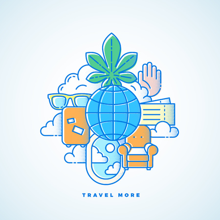 Travel More Line Style Vector Vacation Illustration with Halftone Texture.のイラスト素材