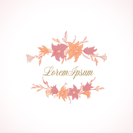 Lilies Abstract Vector Decorative Illustration. Hand Drawn Flowers Frame with Retro Typography and Classic.のイラスト素材