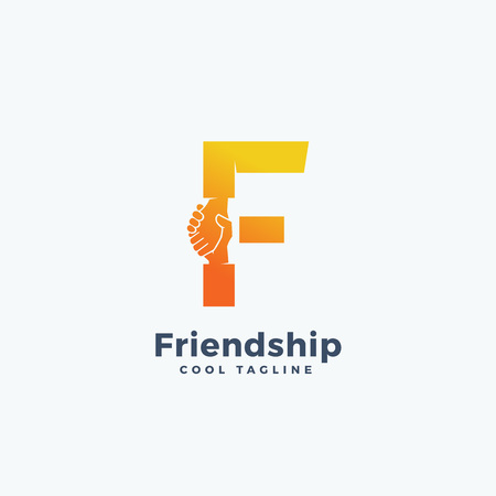 Friendship Abstract Vector Sign, Symbol or Logo Template. Hand Shake Incorporated in Letter F Concept.のイラスト素材