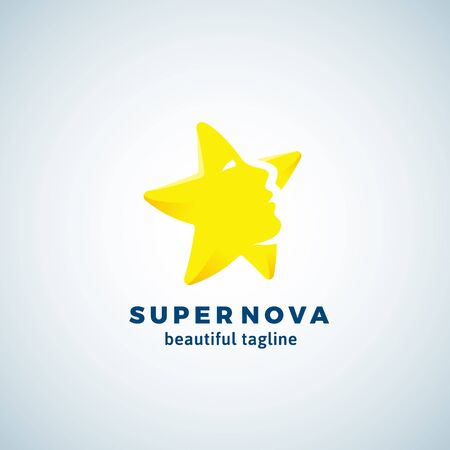 Super Nova Abstract Vector Sign, Emblem or Logo Template. Star Silhouette as a Beautiful Woman Face. Flat Style Symbol with Modern Typography.のイラスト素材