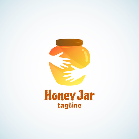 Honey Jar Abstract Vector Sign, Emblem or Logo Template. Cute Pot in Hands Negative Space Concept.のイラスト素材