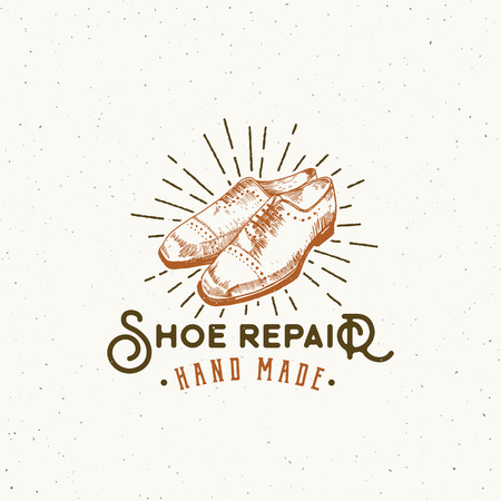 Shoe Repair Retro Vector Sign, Symbol or Logo Template. Classic Shoes Illustration and Vintage Typography Emblem with Shabby Textures. Isolated.のイラスト素材