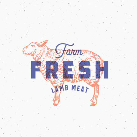Retro Print Effect Farm Fresh Lamb Meat. Abstract Vector Sign, Symbol or Logo Template. Hand Drawn Sheep Sillhouette with Typography and Shabby Texture. Vintage Emblem or Stamp.のイラスト素材