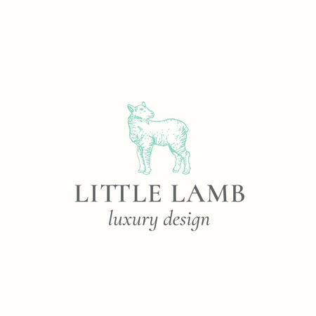 Little Lamb Abstract Vector Sign, Symbol or Logo Template. Hand Drawn Engraving Sheep Sillhouette with Retro Typography. Vintage Luxury Vector Emblem.のイラスト素材