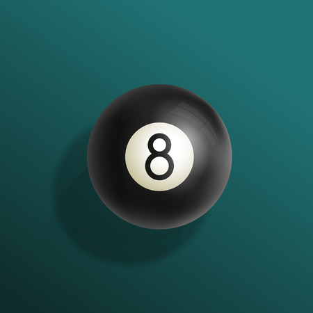 Billiards Eight Ball Realistic Vector Illustration. Green Pool Table Cloth with Black Sphere and Soft Shadows. Abstract Luck Symbol Card Template.のイラスト素材